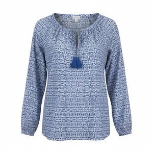 J Crew Blue White Print Tassel Tie Neck Long Sleeve Peasant‎ Blouse Top M